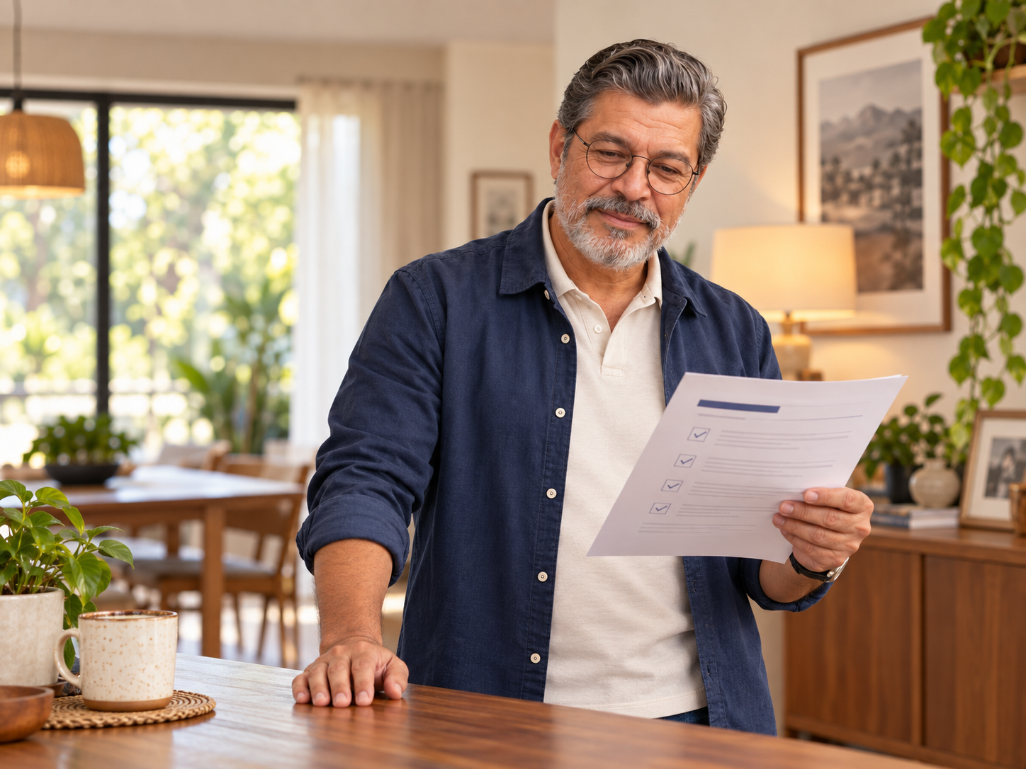 Hombre de alrededor de 58 años revisando en casa un documento con lista de verificación sobre pensiones