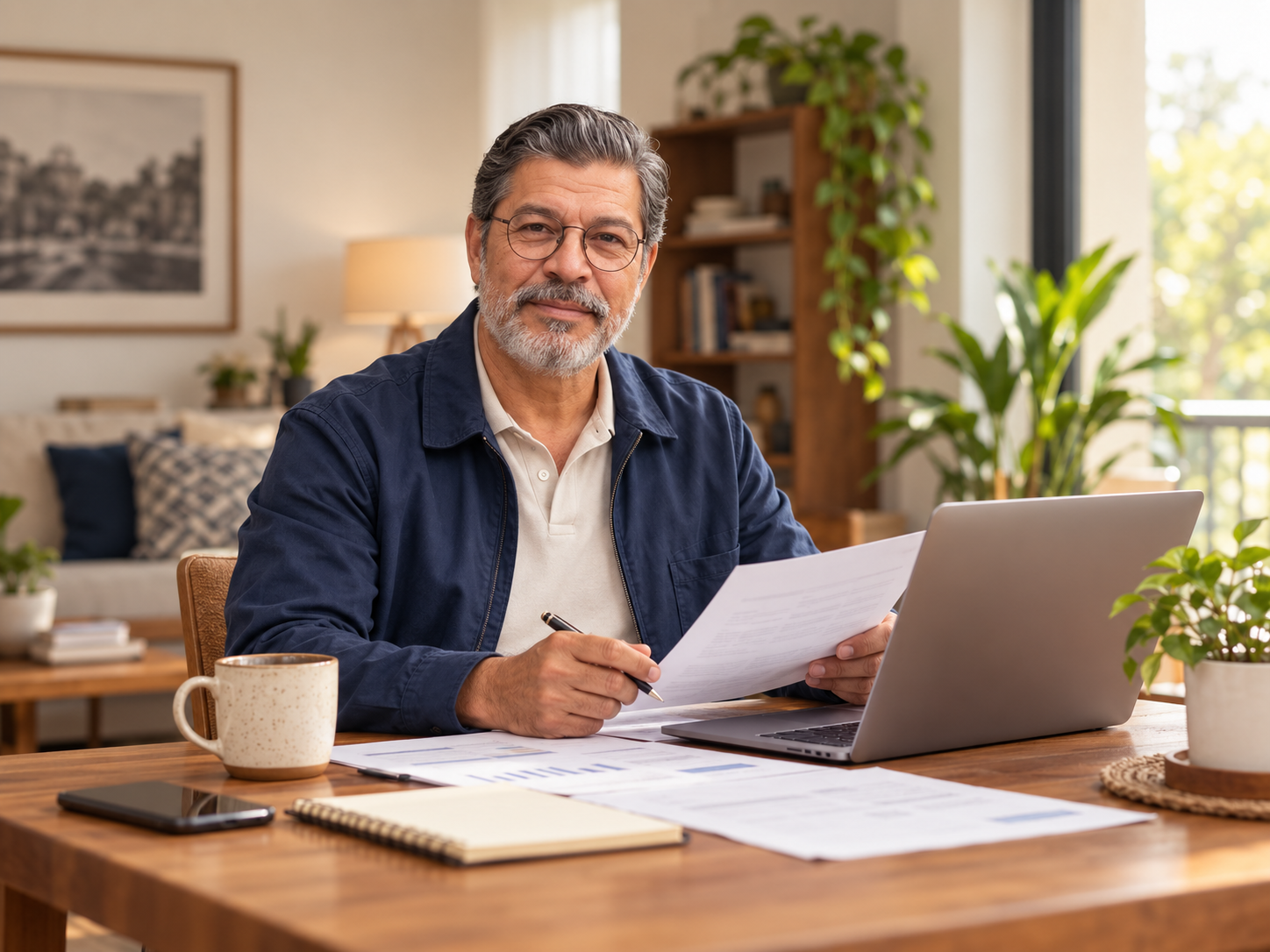 Hombre de alrededor de 58 años revisando documentos frente a su laptop en casa, con una taza de café sobre la mesa